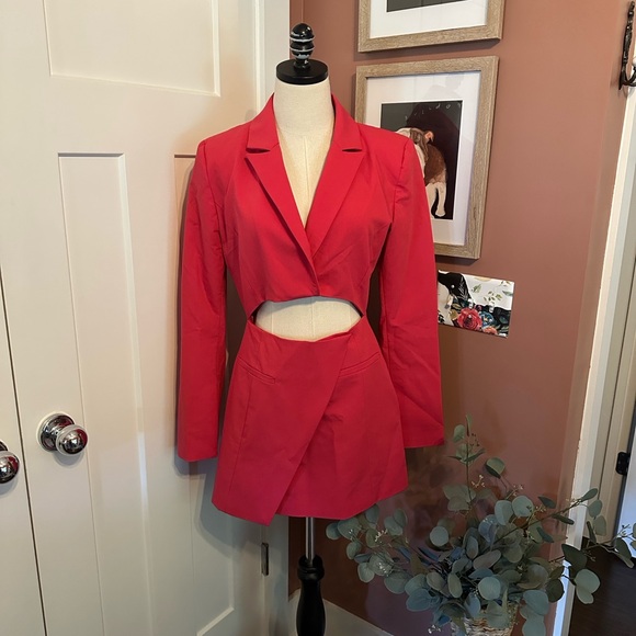 Zara Hot Pink Cutout mini shoulder pads M asymmetrical lined Blazer/skirt dress - Picture 3 of 15